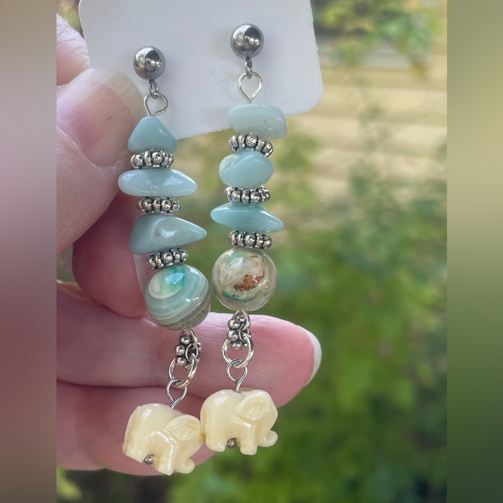 Larimar & Phoenix Stone Beaded Elephant Earrings - Picture 3 of 7